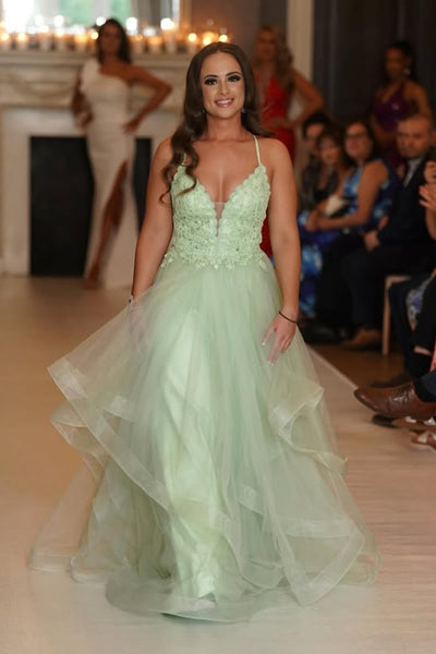 A Line V Neck Mint Green Lace Long Prom Dress, Mint Green Lace Formal Graduation Evening Dress A2286