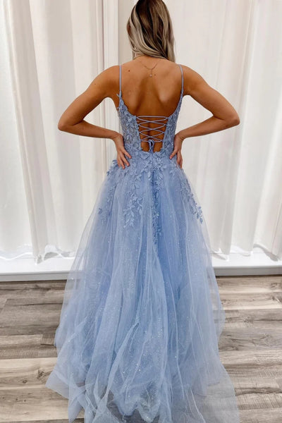 A Line V Neck Open Back Blue Lace Long Prom Dress, Blue Lace Formal Dress, Blue Evening Dress A2018