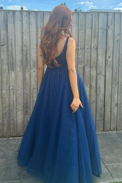 A Line V Neck Open Back Blue Lace Long Prom Dress, Blue Lace Formal Dress, Blue Evening Dress A2509