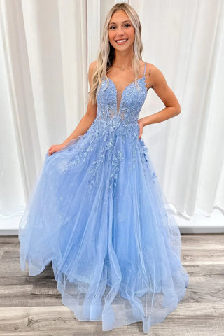 A Line V Neck Open Back Blue Lace Long Prom Dress, Blue Lace Formal Dress, Blue Evening Dress A2018