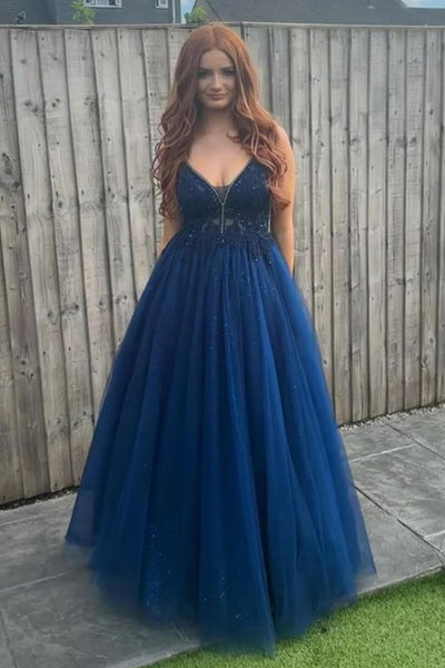 A Line V Neck Open Back Blue Lace Long Prom Dress, Blue Lace Formal Dress, Blue Evening Dress A2509