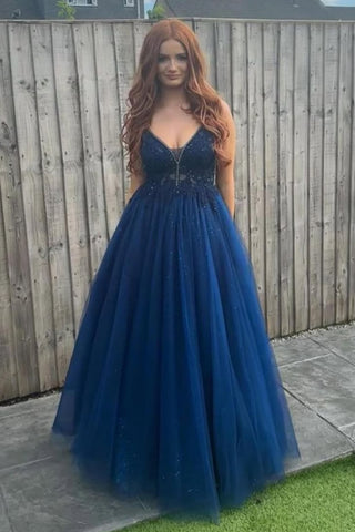 A Line V Neck Open Back Blue Lace Long Prom Dress, Blue Lace Formal Dress, Blue Evening Dress A2509