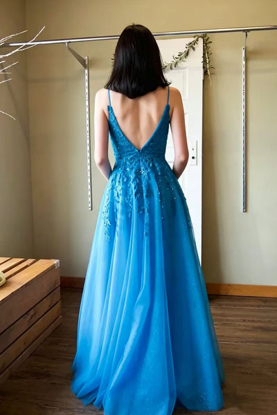 A Line V Neck Open Back Blue Lace Long Prom Dress, Blue Lace Formal Dress, Blue Evening Dress with Slit A2609