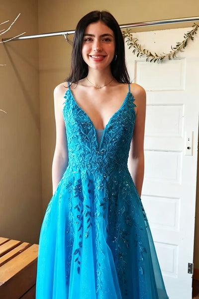 A Line V Neck Open Back Blue Lace Long Prom Dress, Blue Lace Formal Dress, Blue Evening Dress with Slit A2609