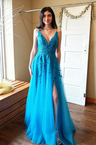 A Line V Neck Open Back Blue Lace Long Prom Dress, Blue Lace Formal Dress, Blue Evening Dress with Slit A2609
