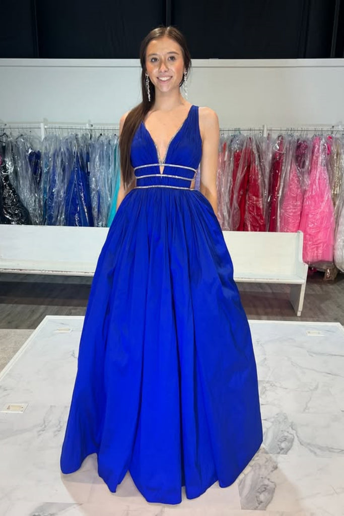 A Line V Neck Open Back Blue Long Prom Dress with Belt, Long Blue Form