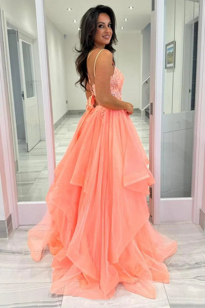 A Line V Neck Open Back Coral Lace Long Prom Dress, Fluffy Coral Lace abcprom A Line V Neck Open Back Coral Lace Long Prom Dress, Fluffy Coral Lace abcprom