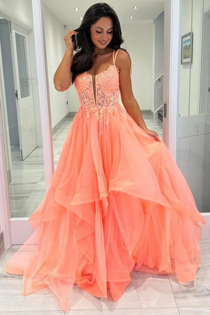 A Line V Neck Open Back Coral Lace Long Prom Dress, Fluffy Coral Lace abcprom A Line V Neck Open Back Coral Lace Long Prom Dress, Fluffy Coral Lace abcprom