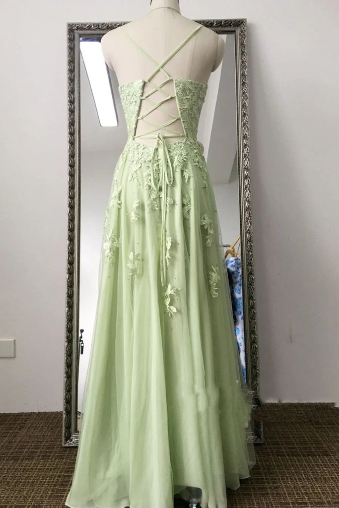 A Line V Neck Open Back Green Lace Long Prom Dress, Green Lace Formal abcprom A Line V Neck Open Back Green Lace Long Prom Dress, Green Lace Formal abcprom