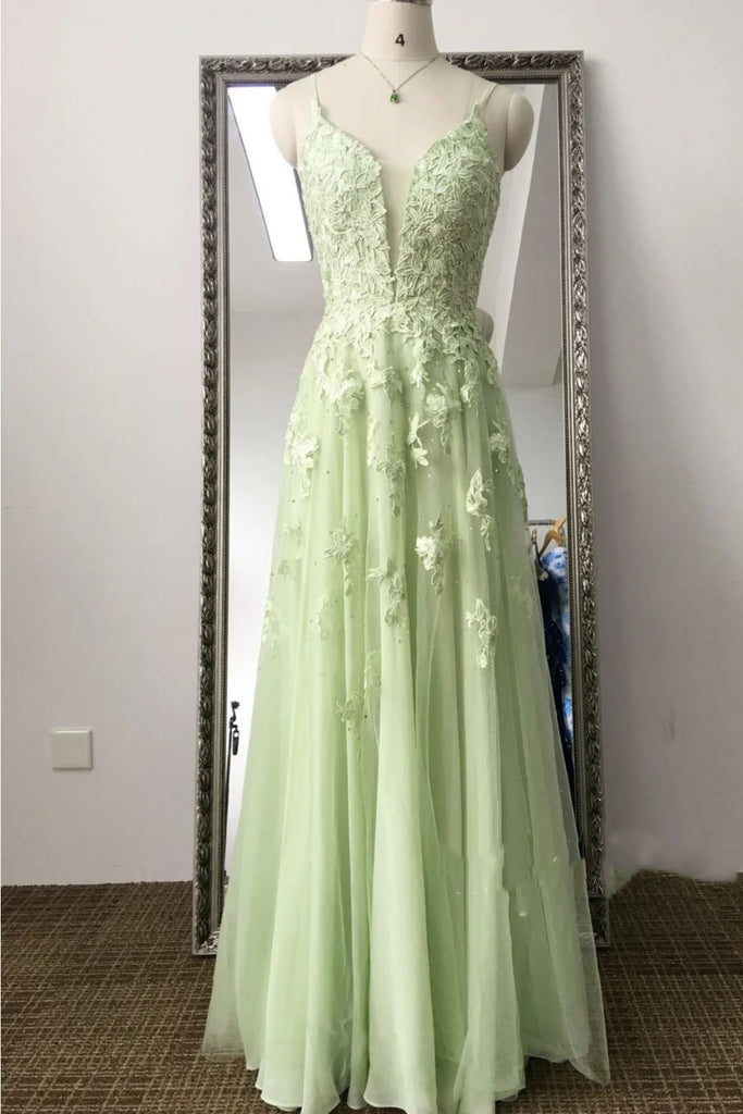 A Line V Neck Open Back Green Lace Long Prom Dress, Green Lace Formal abcprom A Line V Neck Open Back Green Lace Long Prom Dress, Green Lace Formal abcprom