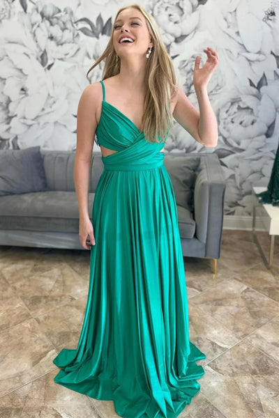 A Line V Neck Open Back Green Long Prom Dress, Long Green Formal Graduation Evening Dress A2006