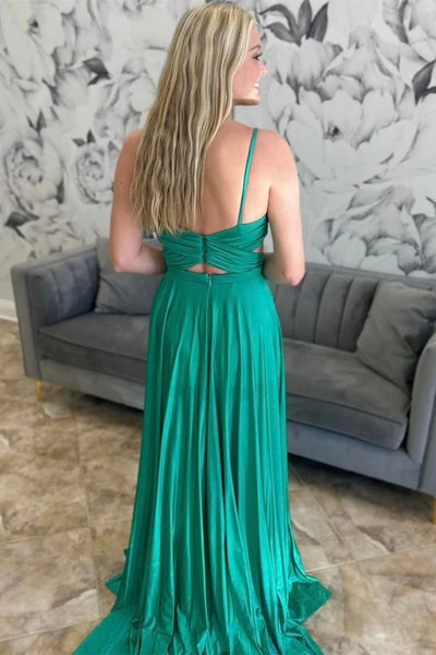 A Line V Neck Open Back Green Long Prom Dress, Long Green Formal Graduation Evening Dress A2006