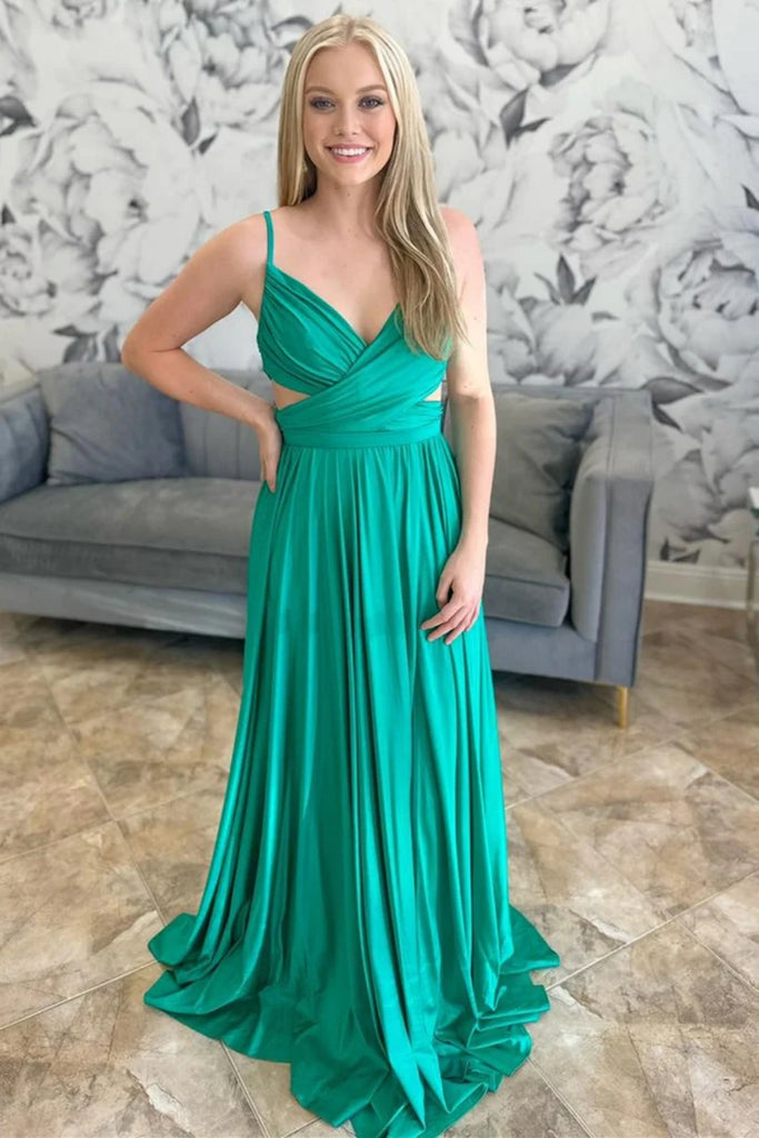 A Line V Neck Open Back Green Long Prom Dress, Long Green Formal Gradu abcprom A Line V Neck Open Back Green Long Prom Dress, Long Green Formal Gradu abcprom