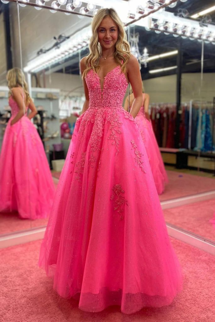 A Line V Neck Open Back Hot Pink Lace Long Prom Dresses with Pocket, H abcprom A Line V Neck Open Back Hot Pink Lace Long Prom Dresses with Pocket, H abcprom