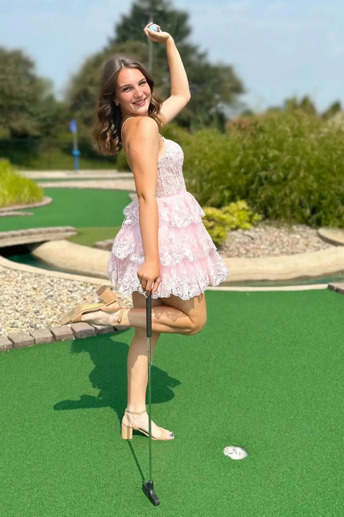 A Line V Neck Open Back Layered Blue/Red/Pink Lace Short Prom Dress, Blue/Red/Pink Lace Homecoming Dress A2210 A Line V Neck Open Back Layered Blue/Red/Pink Lace Short Prom Dress, Blue/Red/Pink Lace Homecoming Dress A2210