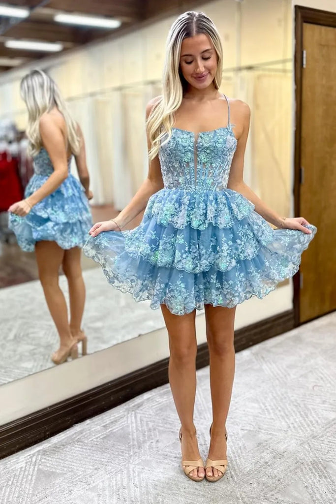 A Line V Neck Open Back Layered Blue/Red/Pink Lace Short Prom Dress, Blue/Red/Pink Lace Homecoming Dress A2210 A Line V Neck Open Back Layered Blue/Red/Pink Lace Short Prom Dress, Blue/Red/Pink Lace Homecoming Dress A2210