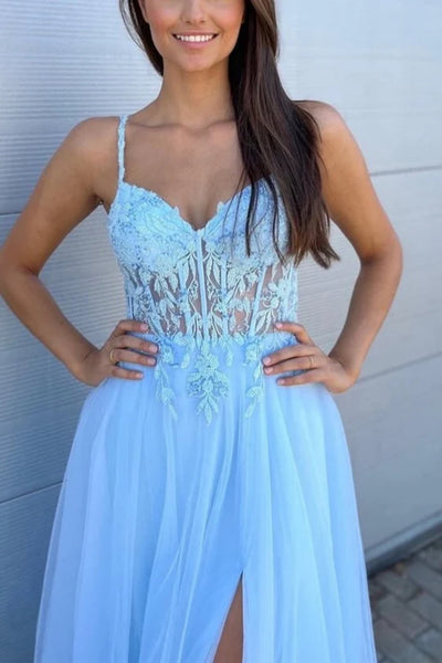 A Line V Neck Open Back Light Blue Lace Long Prom Dress with High Slit
