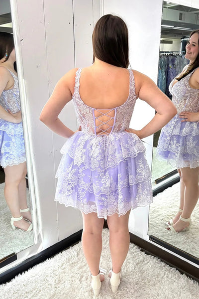 A Line V Neck Open Back Lilac Lace Short Prom Dress, Lilac Lace Homecoming Dress A2468