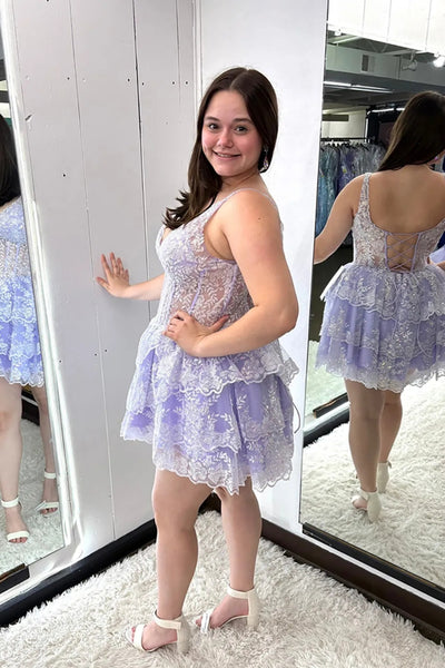 A Line V Neck Open Back Lilac Lace Short Prom Dress, Lilac Lace Homecoming Dress A2468