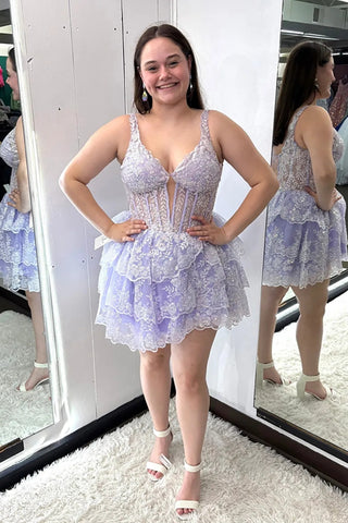 A Line V Neck Open Back Lilac Lace Short Prom Dress, Lilac Lace Homecoming Dress A2468