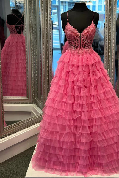 A Line V Neck Open Back Pink Lace Ruffle Tiered Long Prom Dress, Hot Pink Lace Formal Evening Dress, Ball Gown A2020