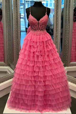 A Line V Neck Open Back Pink Lace Ruffle Tiered Long Prom Dress, Hot Pink Lace Formal Evening Dress, Ball Gown A2020