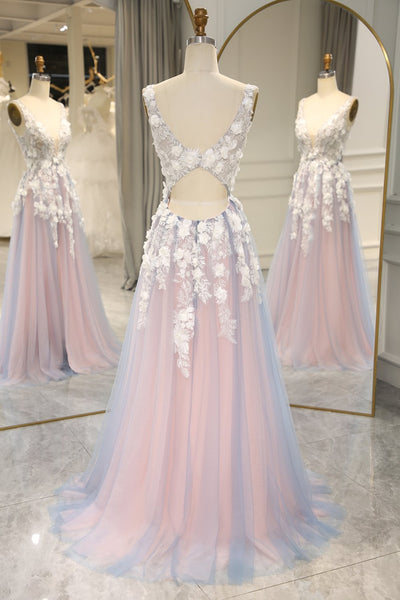 A Line V Neck Open Back Pink Long Prom Dress with 3D Flowers, Pink Floral Formal Graduation Evening Dress A2122