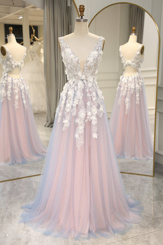 A Line V Neck Open Back Pink Long Prom Dress with 3D Flowers, Pink Floral Formal Graduation Evening Dress A2122