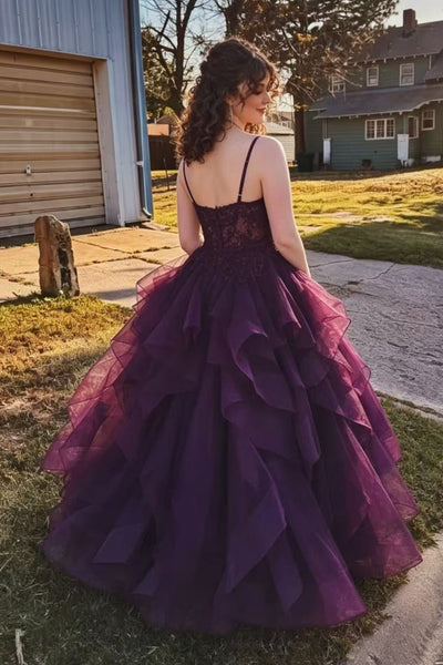 A Line V Neck Open Back Purple Lace Long Prom Dress, Purple Lace Formal Dress, Purple Tulle Evening Dress A2618