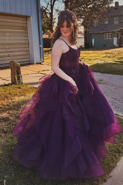 A Line V Neck Open Back Purple Lace Long Prom Dress, Purple Lace Formal Dress, Purple Tulle Evening Dress A2618
