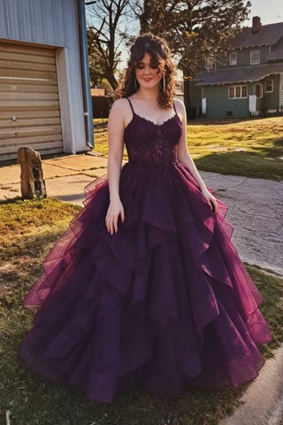 A Line V Neck Open Back Purple Lace Long Prom Dress, Purple Lace Formal Dress, Purple Tulle Evening Dress A2618