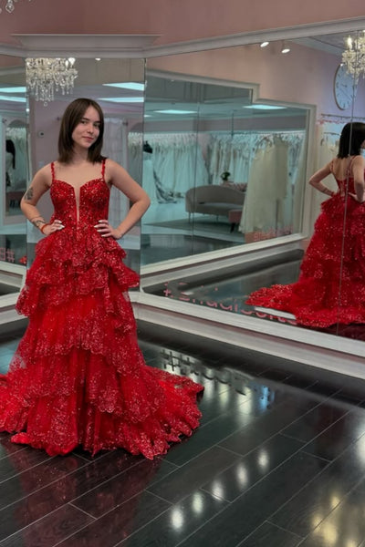 A Line V Neck Open Back Red Lace Long Prom Dress, Red Lace Formal Dress, Red Evening Dress A2507