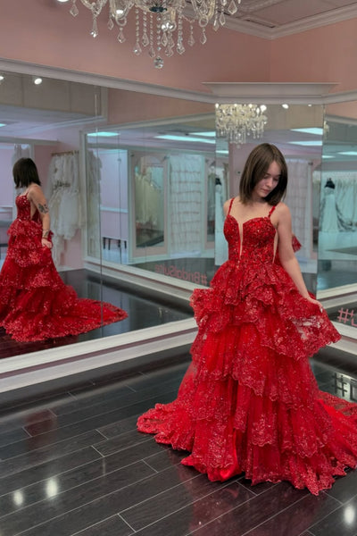 A Line V Neck Open Back Red Lace Long Prom Dress, Red Lace Formal Dress, Red Evening Dress A2507