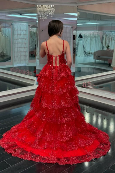 A Line V Neck Open Back Red Lace Long Prom Dress, Red Lace Formal Dress, Red Evening Dress A2507