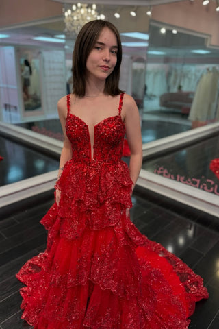 A Line V Neck Open Back Red Lace Long Prom Dress, Red Lace Formal Dress, Red Evening Dress A2507