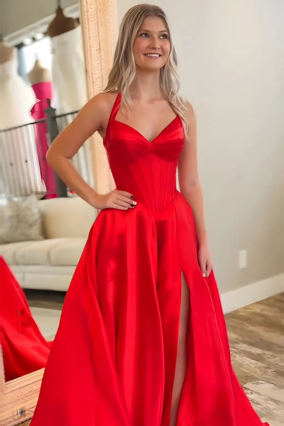 A Line V Neck Open Back Red Satin Long Prom Dress with Slit, Red Formal Graduation Evening Dress A2485