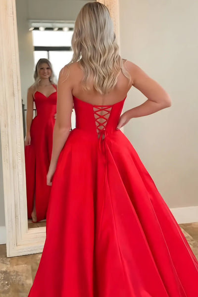 A Line V Neck Open Back Red Satin Long Prom Dress with Slit, Red Formal Graduation Evening Dress A2485