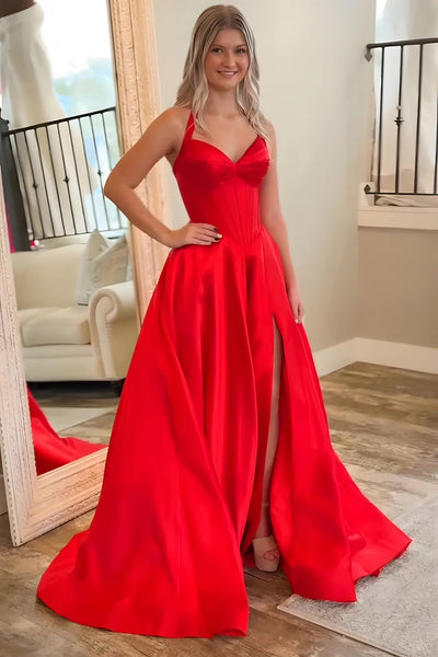 A Line V Neck Open Back Red Satin Long Prom Dress with Slit, Red Formal Graduation Evening Dress A2485