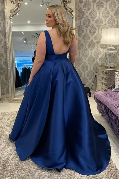A Line V Neck Open Back Royal Blue Satin Long Prom Dress, Royal Blue Formal Graduation Evening Dress A2305