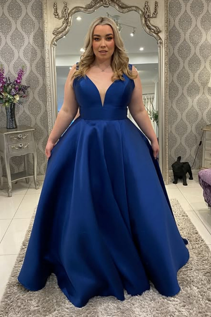 A Line V Neck Open Back Royal Blue Satin Long Prom Dress, Royal Blue Formal Graduation Evening Dress A2305