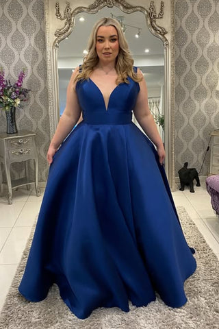 A Line V Neck Open Back Royal Blue Satin Long Prom Dress, Royal Blue Formal Graduation Evening Dress A2305