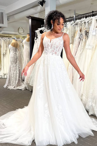 A Line V Neck Open Back White Lace Long Prom Dress, White Lace Formal Dress, White Evening Dress A2572