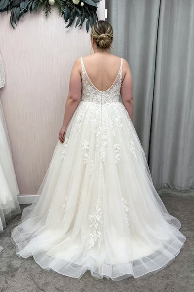 A Line V Neck Open Back White Lace Long Prom Dress, White Lace Wedding Dress, White Formal Evening Dress A2597