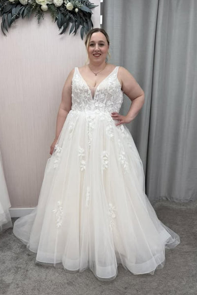 A Line V Neck Open Back White Lace Long Prom Dress, White Lace Wedding Dress, White Formal Evening Dress A2597