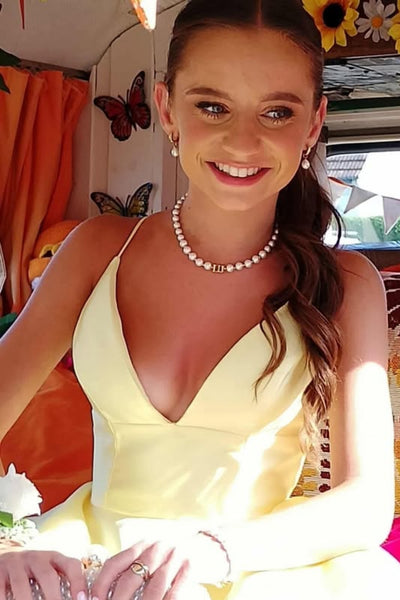 A Line V Neck Open Back Yellow Satin Long Prom Dress, Long Yellow Formal Graduation Evening Dress A2265