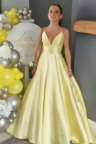A Line V Neck Open Back Yellow Satin Long Prom Dress, Long Yellow Formal Graduation Evening Dress A2265