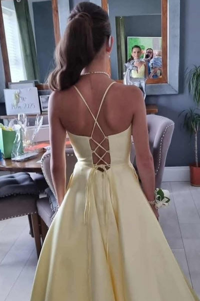 A Line V Neck Open Back Yellow Satin Long Prom Dress, Long Yellow Formal Graduation Evening Dress A2265