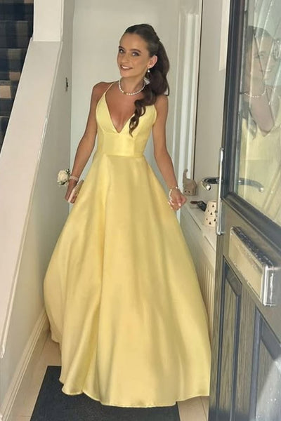 A Line V Neck Open Back Yellow Satin Long Prom Dress, Long Yellow Formal Graduation Evening Dress A2265