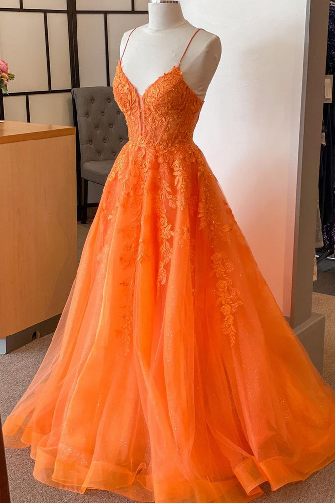 A Line V Neck Orange Lace Long Prom Dress, Orange Lace Formal Dress, O abcprom A Line V Neck Orange Lace Long Prom Dress, Orange Lace Formal Dress, O abcprom