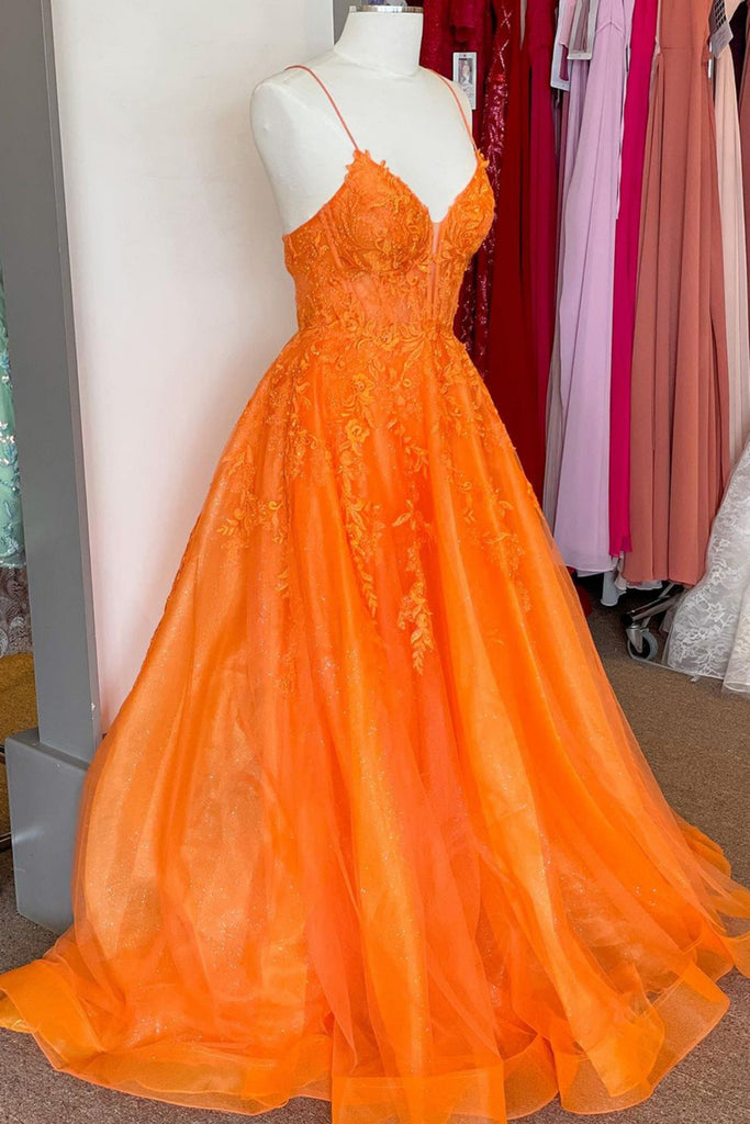 A Line V Neck Orange Lace Long Prom Dress, Orange Lace Formal Dress, O abcprom A Line V Neck Orange Lace Long Prom Dress, Orange Lace Formal Dress, O abcprom